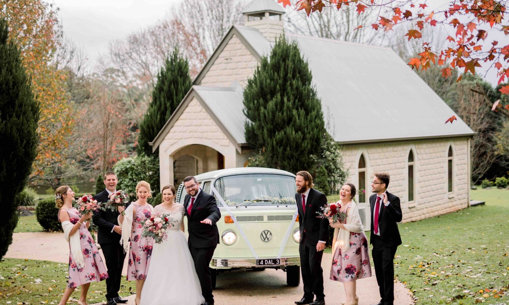 Wedding photography in front of a chapel.